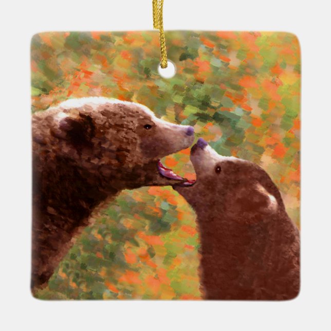 Grizzly Bear Mom and Cub Painting - Wildlife Art Ceramic Ornament (Front)