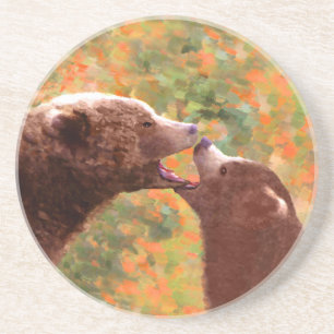 Grizzly Bear Mom and Cub Painting - Wildlife Art Coaster