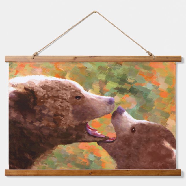 Grizzly Bear Mom and Cub Painting Wildlife Art Hanging Tapestry (Front)