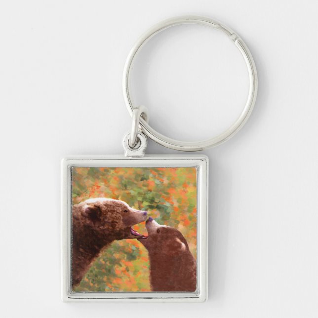 Grizzly Bear Mom and Cub Painting - Wildlife Art Keychain (Front)