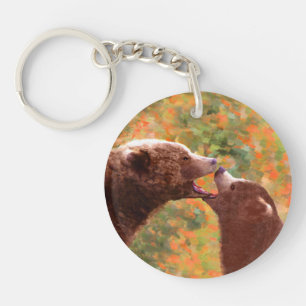 Grizzly Bear Mom and Cub Painting - Wildlife Art Keychain