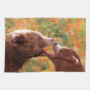 Grizzly Bear Mom and Cub Painting - Wildlife Art Kitchen Towel