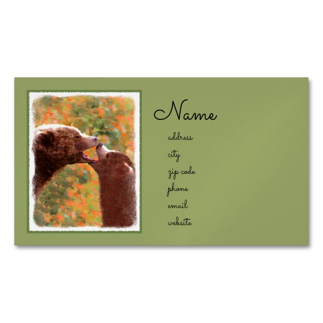 Grizzly Bear Mom and Cub Painting - Wildlife Art Magnetic Business Card (Front)