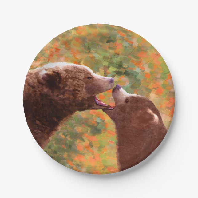 Grizzly Bear Mom and Cub Painting - Wildlife Art Paper Plate (Front)