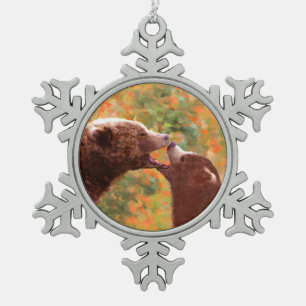 Grizzly Bear Mom and Cub Painting - Wildlife Art Snowflake Pewter Christmas Ornament