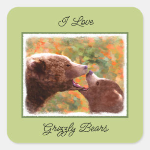 Grizzly Bear Mom and Cub Painting Wildlife Art Square Sticker