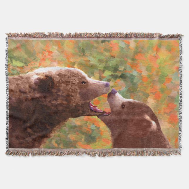 Grizzly Bear Mom and Cub Painting - Wildlife Art Throw Blanket (Front)