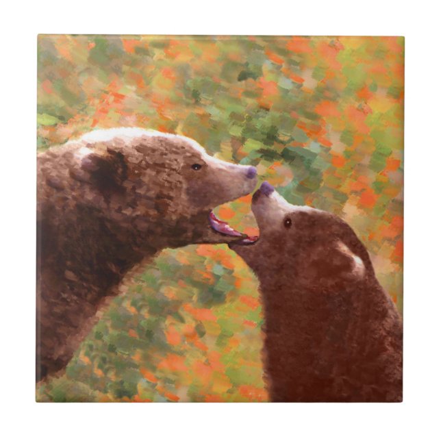 Grizzly Bear Mom and Cub Painting - Wildlife Art Tile (Front)