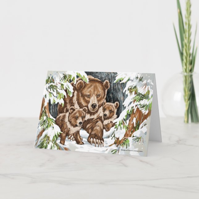 Grizzly Bear Mother and Cubs in Winter Card (Front)