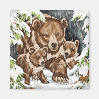 Grizzly Bear Mother and Cubs in Winter Magnet