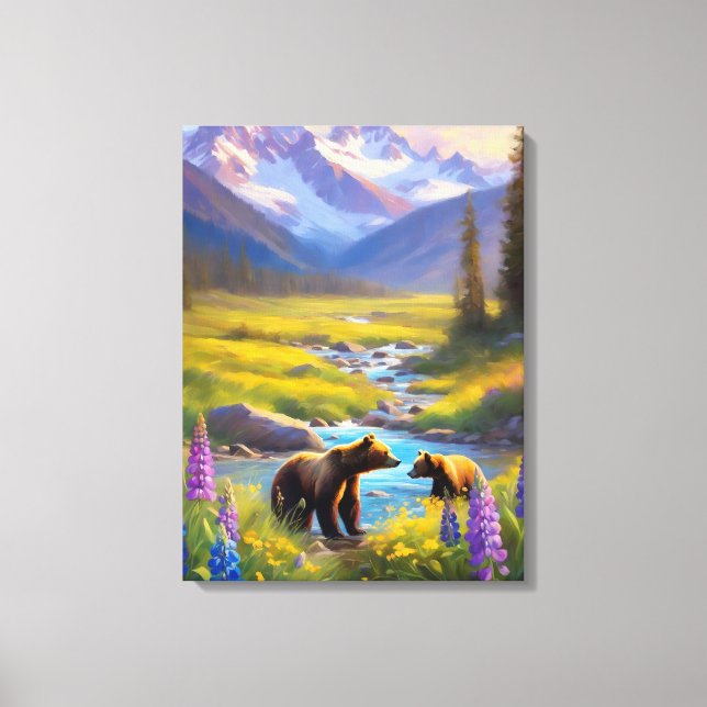 Grizzly Bear Mountain Meadow Wildflowers Painting Canvas Print (Front)