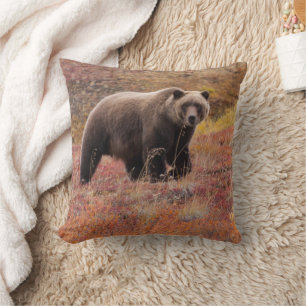 Grizzly Bear Moves Through Autumn Colours In Alask Throw Pillow