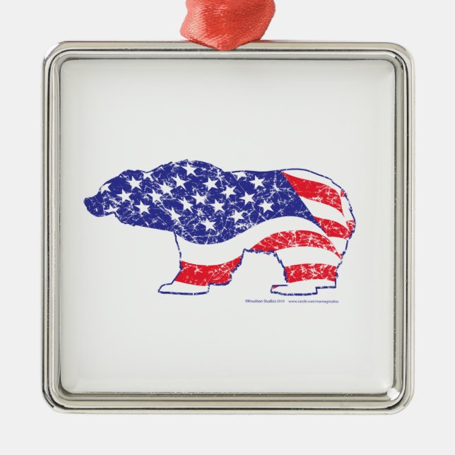 Grizzly Bear Patriotic Flag Metal Ornament (Front)