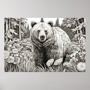 Grizzly Bear Peaceful Nature Prairie Sketch Art Poster