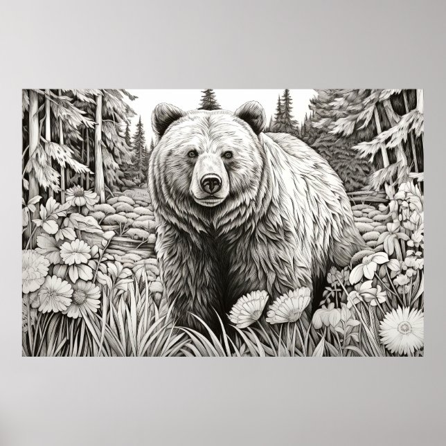 Grizzly Bear Peaceful Nature Prairie Sketch Art Poster (Front)