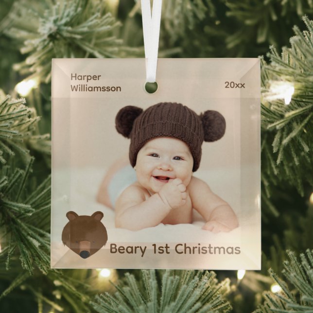 Grizzly Bear Photo Baby First Christmas Glass Ornament (Insitu)