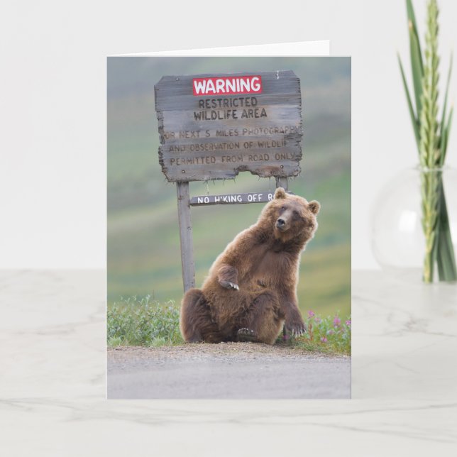 Grizzly Bear Plays With Sign Card (Front)