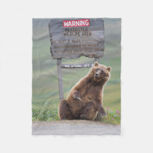 Grizzly Bear Plays With Sign Fleece Blanket