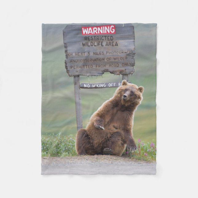 Grizzly Bear Plays With Sign Fleece Blanket (Front)