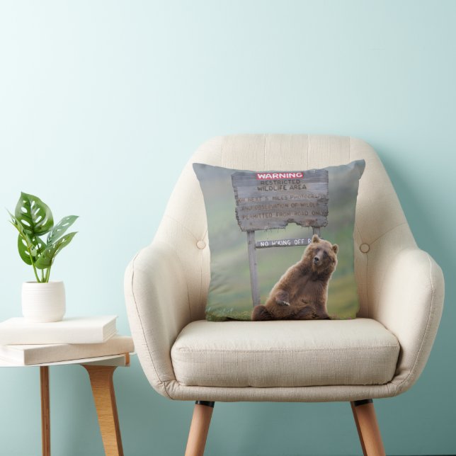 Grizzly Bear Plays With Sign Throw Pillow (Chair)