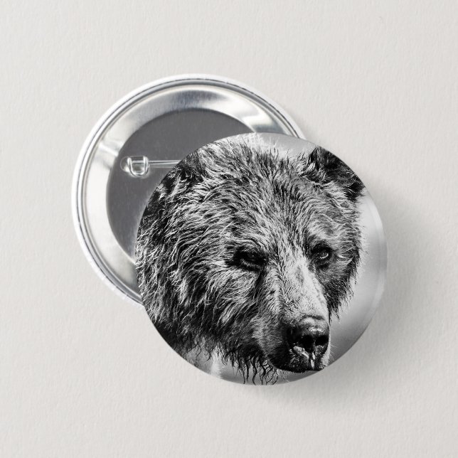 Grizzly bear portrait 2 inch round button (Front & Back)