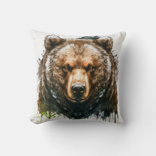 Grizzly Bear Portrait Animal Painting Wildlife Art Throw Pillow