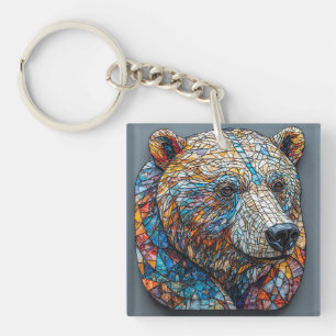 Grizzly Bear Portrait in a Stained Glass Art Keychain