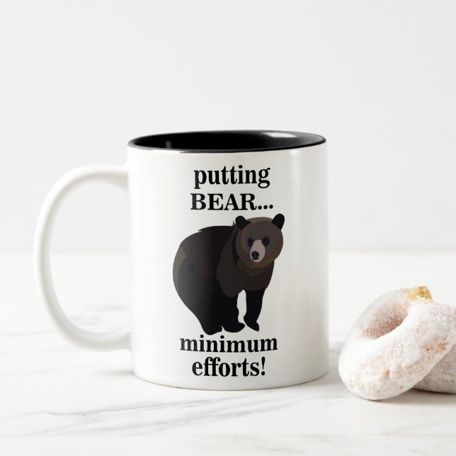 Grizzly Bear Putting Bear Minimum Efforts Funny Two-Tone Coffee Mug (With Donut)