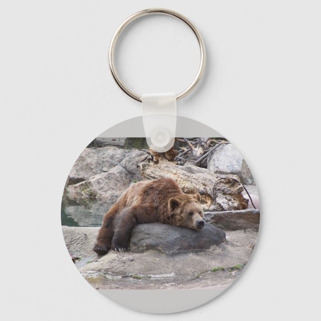 Grizzly Bear Resting On Rock Keychain (Front)