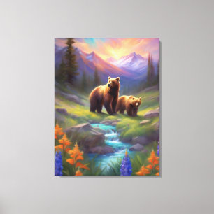 Grizzly Bear Rocky Mountain Spring Meadow Painting Canvas Print
