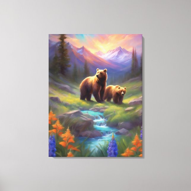 Grizzly Bear Rocky Mountain Spring Meadow Painting Canvas Print (Front)