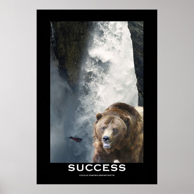 Grizzly Bear Salmon & Waterfall SUCCESS Motivation Poster (Front)