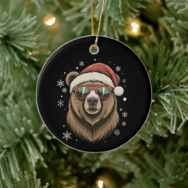 Grizzly Bear Santa Hat Funny Cute Animal Lover  Ceramic Ornament (Tree)