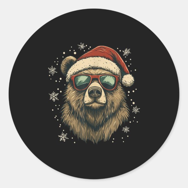 Grizzly Bear Santa Hat Funny Cute Animal Lover Chr Classic Round Sticker (Front)