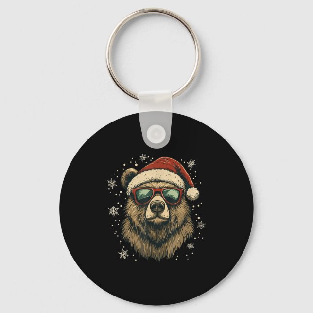 Grizzly Bear Santa Hat Funny Cute Animal Lover Chr Keychain (Front)