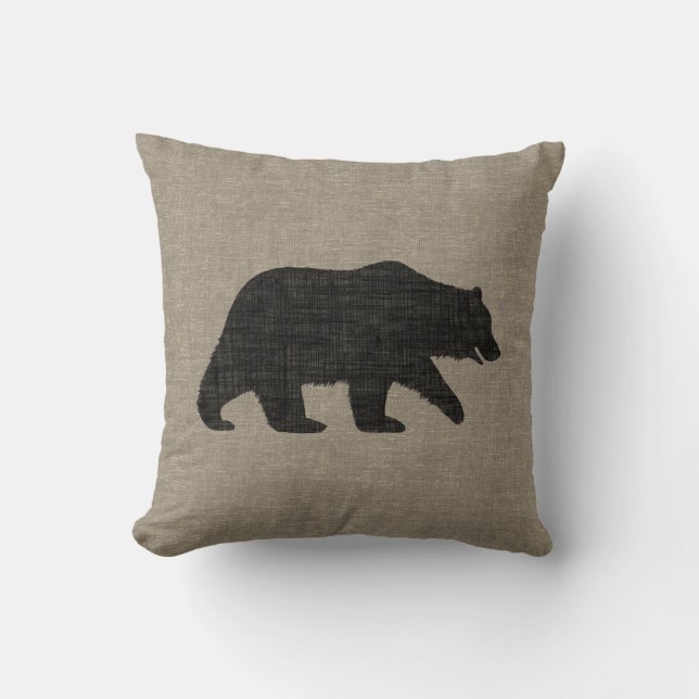 Grizzly Bear Silhouette Faux Linen Burlap Style Throw Pillow (Front)