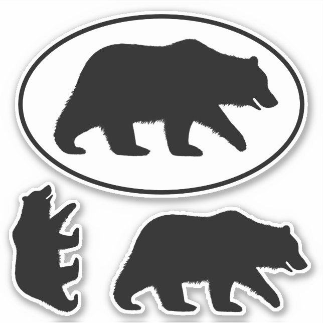 Grizzly Bear Silhouettes Oval and Die Cut Stickers (Front)