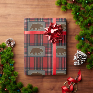 Grizzly Bear Silhouettes Pattern on Plaid Wrapping Paper