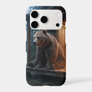 Grizzly Bear Sitting on Porch of Cozy Cabin