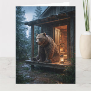 Grizzly Bear Sitting on Porch of Cozy Cabin Card