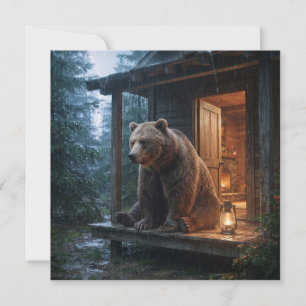 Grizzly Bear Sitting on Porch of Cozy Cabin  Holiday Card