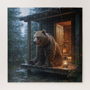 Grizzly Bear Sitting on Porch of Cozy Cabin  Jigsaw Puzzle
