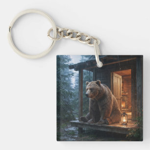 Grizzly Bear Sitting on Porch of Cozy Cabin Keychain