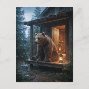 Grizzly Bear Sitting on Porch of Cozy Cabin Postcard