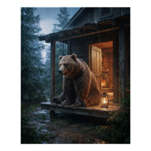 Grizzly Bear Sitting on Porch of Cozy Cabin Poster