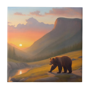 Grizzly Bear Sunset Forest Cabin Lodge Tile