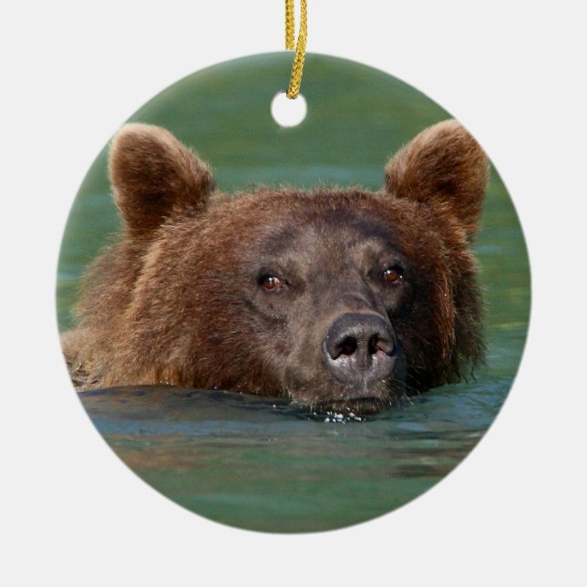 grizzly bear swimming ceramic ornament (Front)