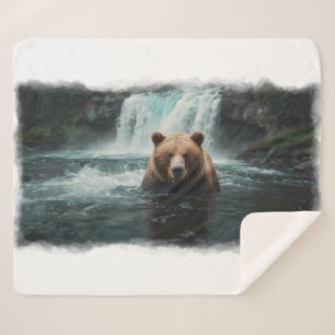 Grizzly Bear & Waterfall Wildlife Design Sherpa Blanket