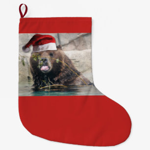 Grizzly Bear Wearing a Santa Claus Hat Large Christmas Stocking