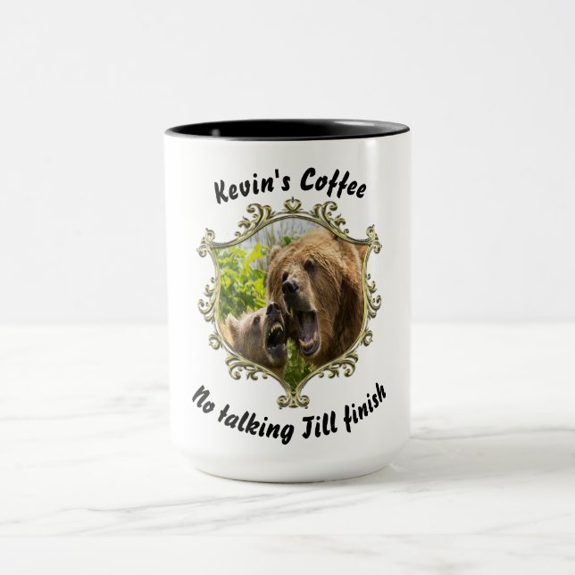 Grizzly bear with her baby in the forest.gold mug (Center)